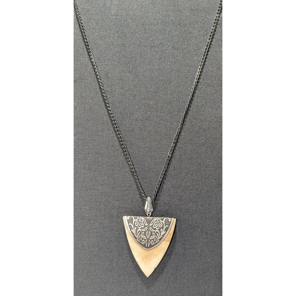 Bone Black Silver Tone Embossed Pendant Necklace